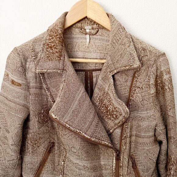 FREE PEOPLE | Brown Tapestry Moto Style Jacket Asymmetrical Zipper | Size 10 - Picture 7 of 9